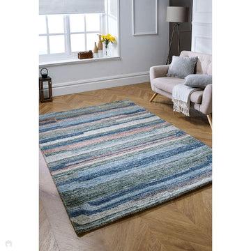 Vista Modern Plain Abstract Stripe Hand-Woven Ribbed Textured Wool Blue/Green/Rust/Multicolour Rug-Melrose-Rug Love - The Most Loved Rug Store